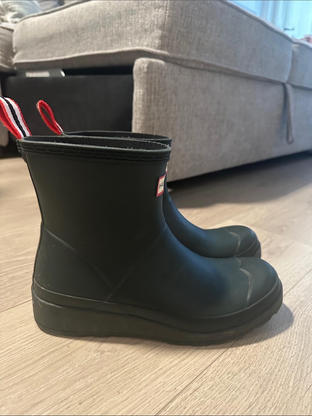 Hunter Matte Black Short Rain Boots with Red Pull Tabs